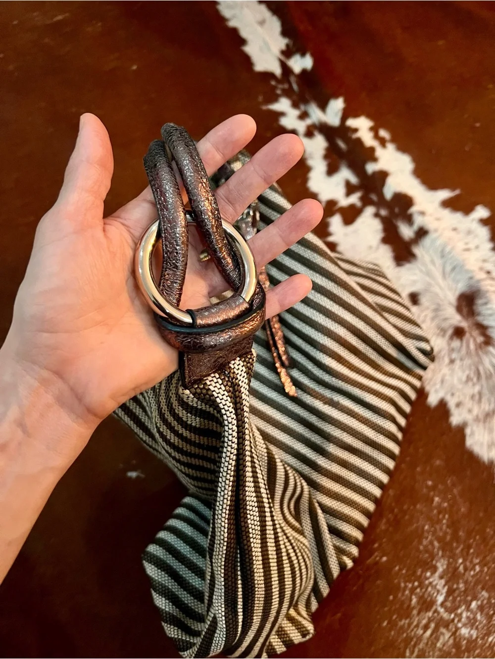 NWOT Italian Designer D2 Brown and White Stripped Leather Hobo Bag